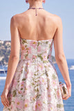 Strapless Floral Pink A Line Maxi Wedding Guest Dress