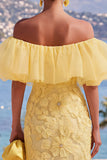 Butter Yellow Floral Maxi Beaded Sheath Wedding Guest Dress with Ruffles