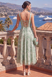 Green Beaded Floral A Line Maxi Square Neck Wedding Guest Dress