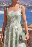 Green Beaded Floral A Line Maxi Square Neck Wedding Guest Dress