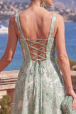 Green Beaded Floral A Line Maxi Square Neck Wedding Guest Dress