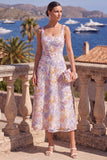 Lilac Orange Beaded Floral A Line Maxi Square Neck Wedding Guest Dress