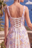 Lilac Orange Beaded Floral A Line Maxi Square Neck Wedding Guest Dress