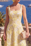 Green Beaded Floral A Line Maxi Square Neck Wedding Guest Dress