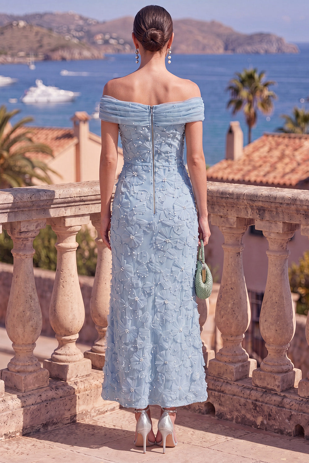 Sage Green Beaded Floral A Line Maxi Off the Shoulder Wedding Guest Dress