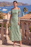 Sage Green Beaded Floral A Line Maxi Off the Shoulder Wedding Guest Dress