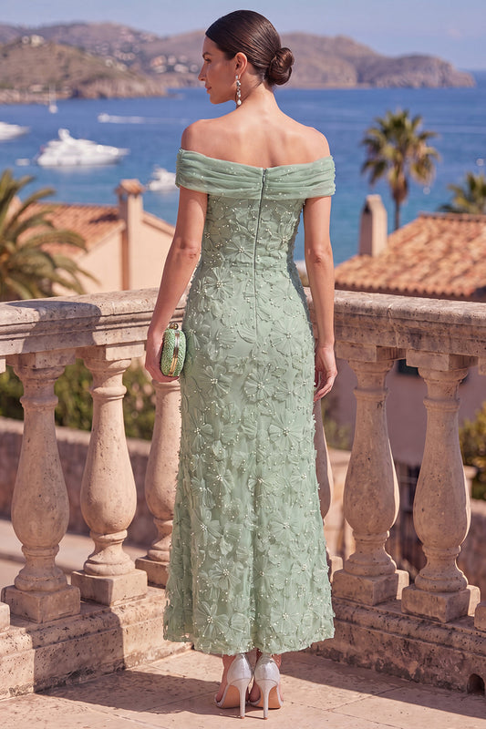 Sage Green Beaded Floral A Line Maxi Off the Shoulder Wedding Guest Dress