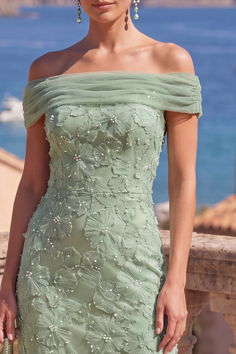 Sage Green Beaded Floral A Line Maxi Off the Shoulder Wedding Guest Dress