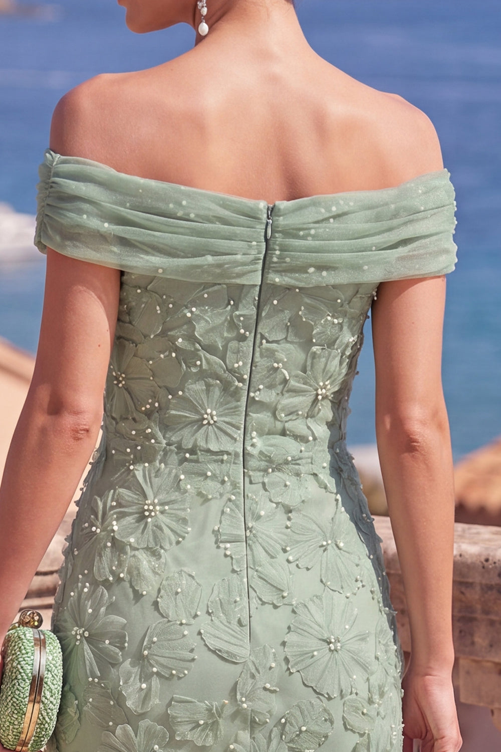 Sage Green Beaded Floral A Line Maxi Off the Shoulder Wedding Guest Dress