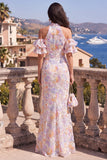 Blue Purple Beaded Floral Mermaid Maxi Ruffled Wedding Guest Dress with Slit