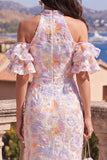 Blue Purple Beaded Floral Mermaid Maxi Ruffled Wedding Guest Dress with Slit