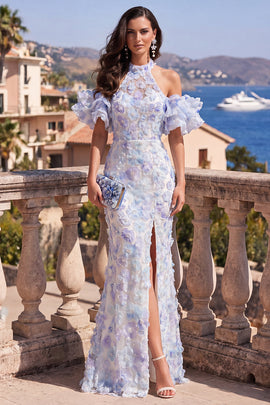 Blue Purple Beaded Floral Mermaid Maxi Ruffled Wedding Guest Dress with Slit