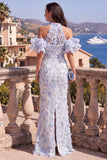Blue Purple Beaded Floral Mermaid Maxi Ruffled Wedding Guest Dress with Slit