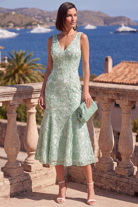 Sage Green Beaded Floral Maxi Mermaid V-Neck Wedding Guest Dress