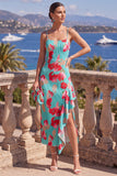 Pink Red Flower Mermaid Ruffled Long Wedding Guest Dress with Slit
