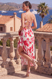 Pink Red Flower Mermaid Ruffled Long Wedding Guest Dress with Slit