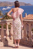 Floral Pink Sheath Ruffled Maxi Wedding Guest Dress with Slit
