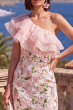 Floral Pink Sheath Ruffled Maxi Wedding Guest Dress with Slit