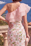 Floral Pink Sheath Ruffled Maxi Wedding Guest Dress with Slit