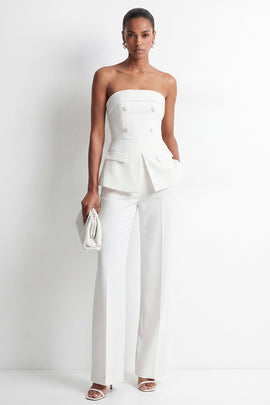 2 Piece Strapless White Double Breasted Business Suits with Pockets