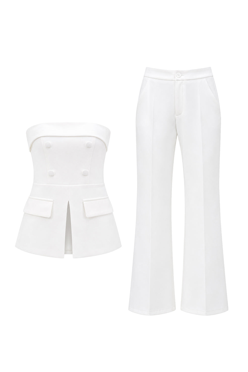 2 Piece Strapless White Double Breasted Business Suits with Pockets