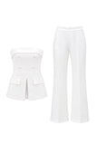 2 Piece Strapless White Double Breasted Business Suits with Pockets