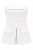 2 Piece Strapless White Double Breasted Business Suits with Pockets