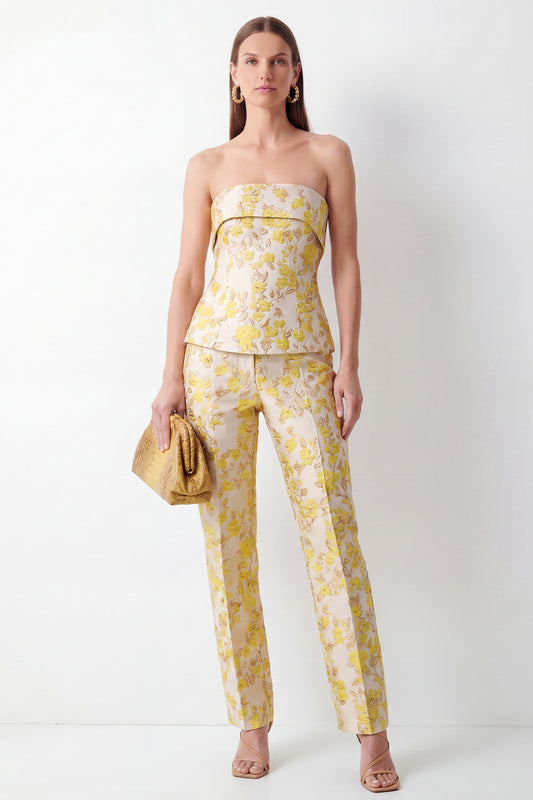 2 Piece Strapless Yellow Floral Slim Fit Women Suits
