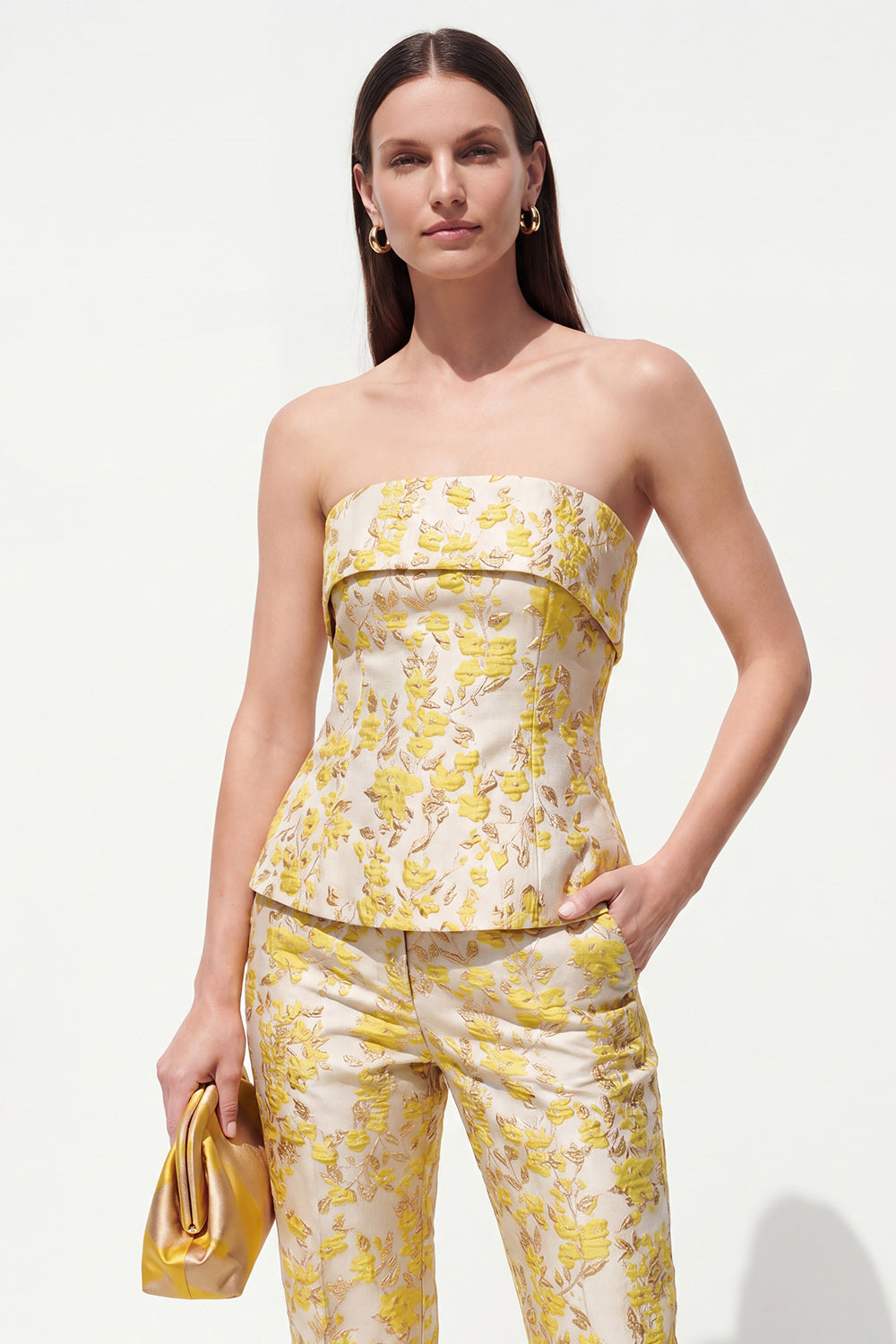 2 Piece Strapless Yellow Floral Slim Fit Business Suits