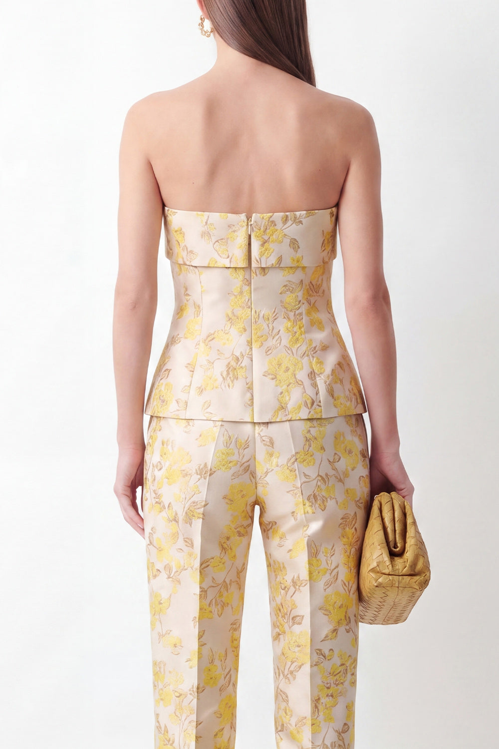 2 Piece Strapless Yellow Floral Slim Fit Business Suits