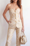 2 Piece Golden Floral Sweetheart Single Breasted Business Suits with Pockets