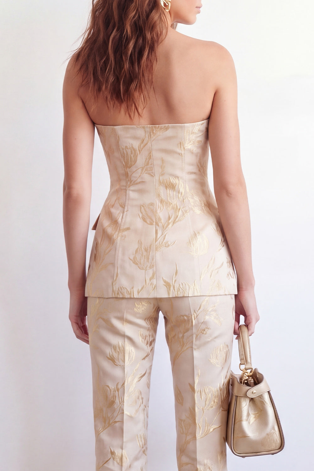 2 Piece Golden Floral Sweetheart Single Breasted Business Suits with Pockets