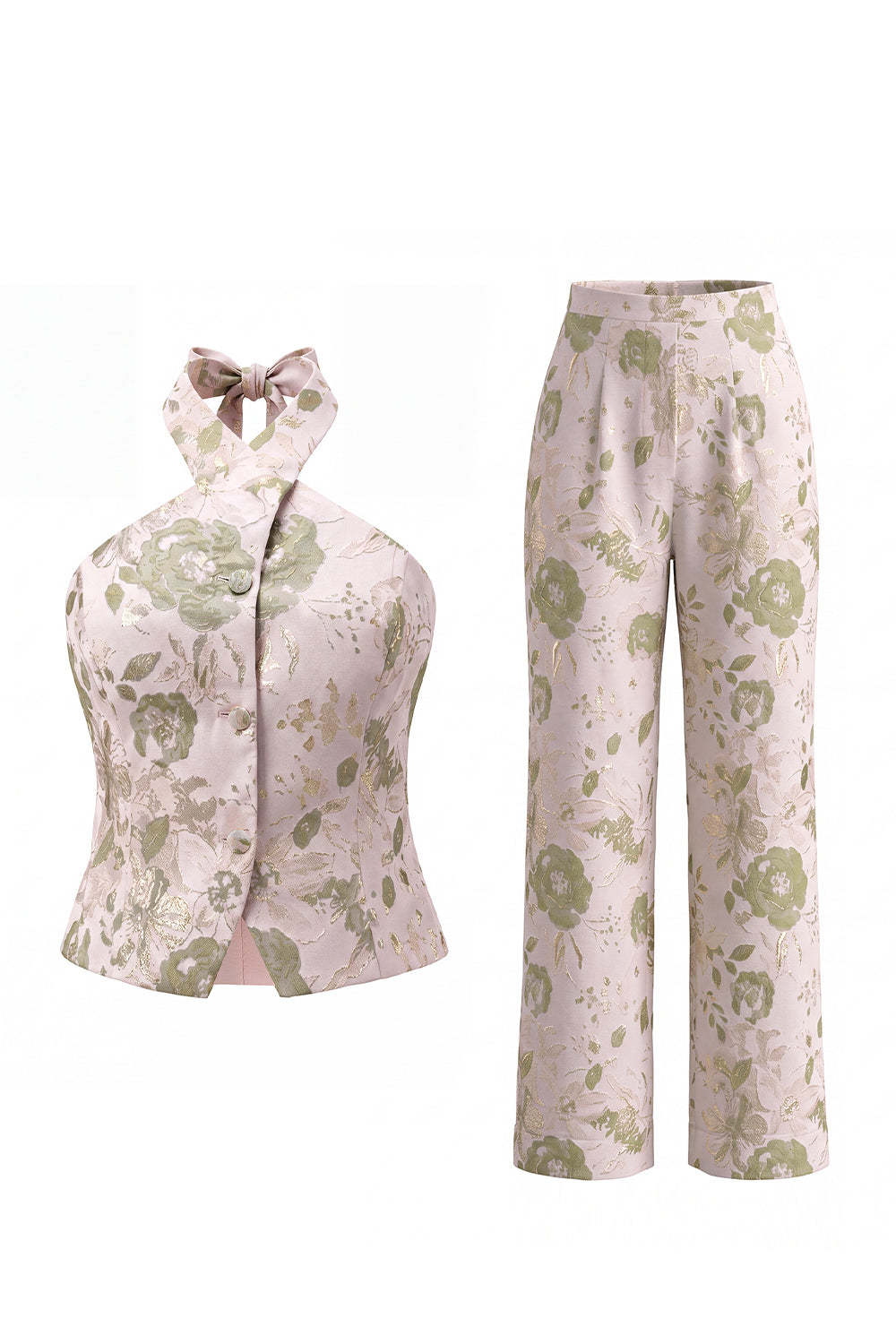 2 Piece Green Flower Halter Single Breasted Women Suits with Pockets