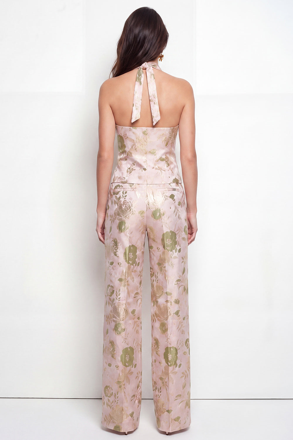 2 Piece Green Flower Halter Single Breasted Business Suits with Pockets