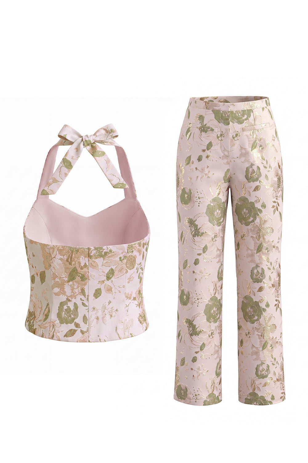 2 Piece Green Flower Halter Single Breasted Women Suits with Pockets