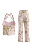 2 Piece Green Flower Halter Single Breasted Women Suits with Pockets
