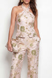 2 Piece Green Flower Halter Single Breasted Business Suits with Pockets