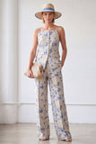 2 Piece Blue Flower Spaghetti Straps Single Breasted Business Suits with Pockets
