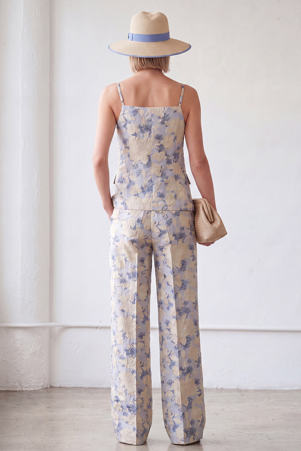2 Piece Blue Flower Spaghetti Straps Single Breasted Business Suits with Pockets