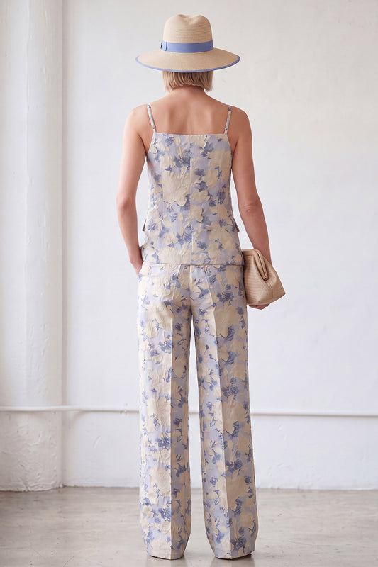 2 Piece Blue Flower Spaghetti Straps Single Breasted Women Suits with Pockets