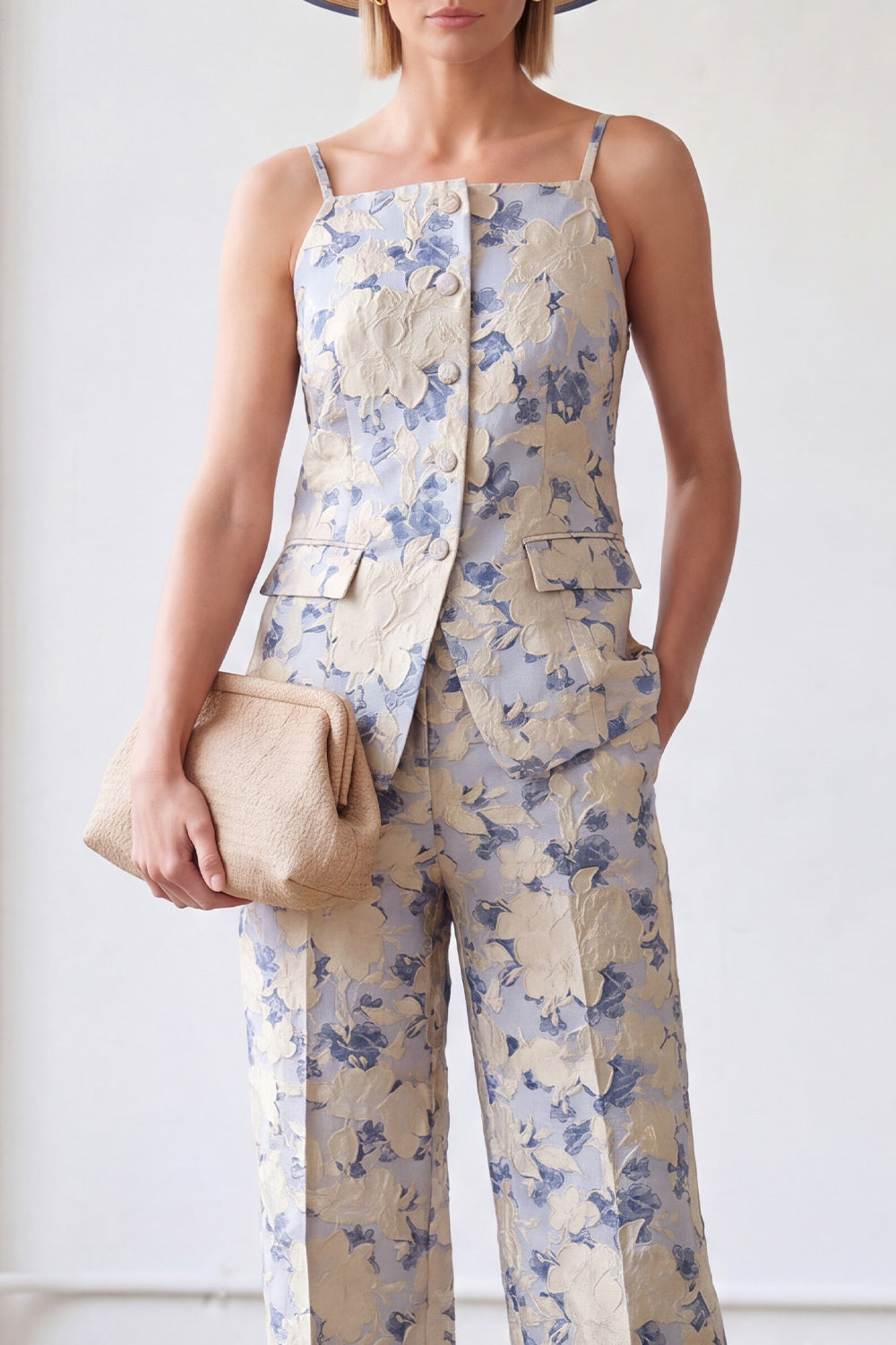 2 Piece Blue Flower Spaghetti Straps Single Breasted Business Suits with Pockets