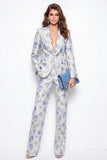 2 Piece Blue Flower Peak Lapel Single Breasted Business Suits with Pockets