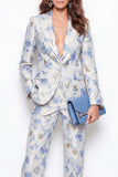 2 Piece Blue Flower Peak Lapel Single Breasted Business Suits with Pockets