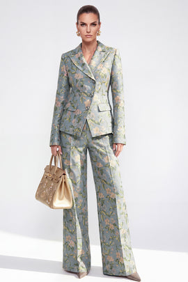 2 Piece Grey Blue Floral Peak Lapel Single Breasted Business Suits
