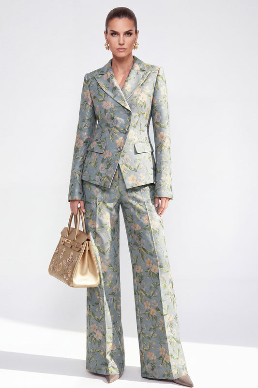 2 Piece Grey Blue Floral Peak Lapel Single Breasted Women Suits