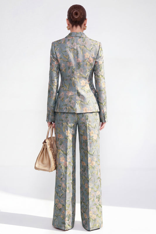 2 Piece Grey Blue Floral Peak Lapel Single Breasted Women Suits