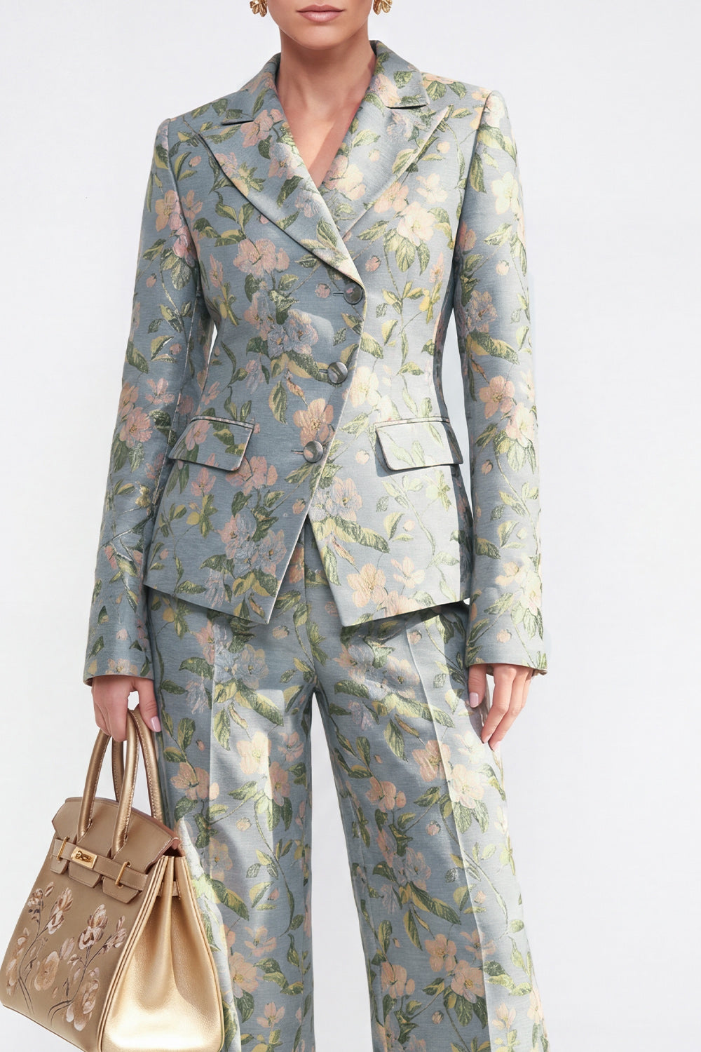 2 Piece Grey Blue Floral Peak Lapel Single Breasted Business Suits