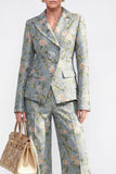 2 Piece Grey Blue Floral Peak Lapel Single Breasted Business Suits