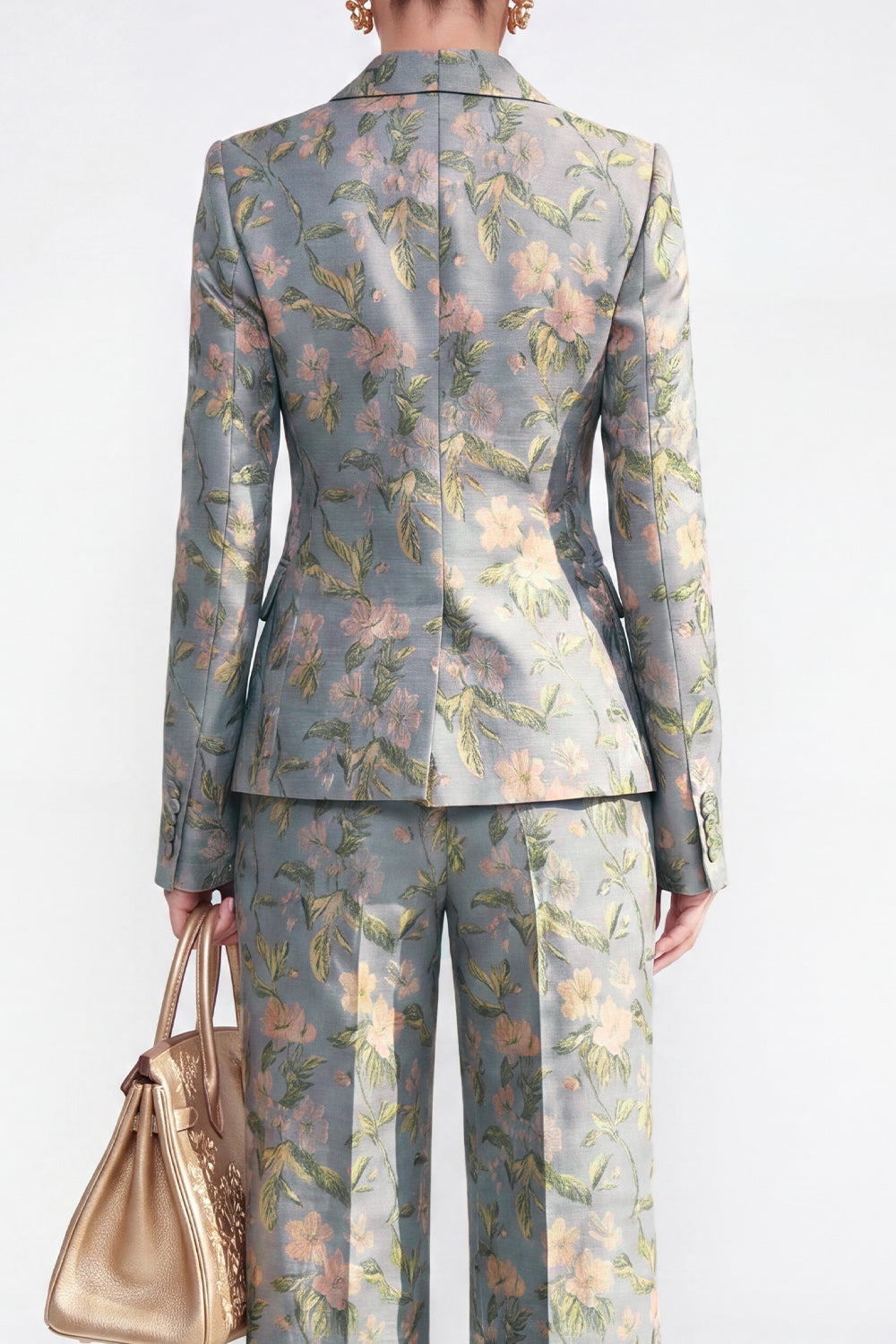 2 Piece Grey Blue Floral Peak Lapel Single Breasted Business Suits
