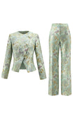 2 Piece Green Flower Round Neck Single Breasted Women Suits with Pockets
